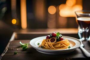 Spaghetti mit Kirsche Tomaten und ein Glas von Wein. KI-generiert foto