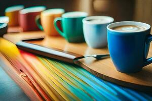 ein Kaffee Tasse und Löffel auf ein hölzern Tablett. KI-generiert foto