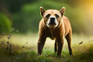 ein Hund ist Stehen im das Gras auf ein sonnig Tag. KI-generiert foto