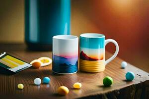 zwei Kaffee Tassen mit bunt Designs auf ihnen. KI-generiert foto