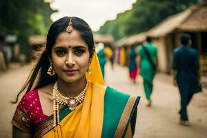ein Frau im ein Sari Stehen im das Mitte von ein Straße. KI-generiert foto