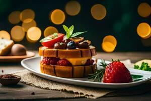 ein Teller mit ein Sandwich und Beeren auf Es. KI-generiert foto