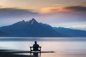 ein Mann sitzt auf ein Bank mit Blick auf das Ozean und Berge. KI-generiert foto