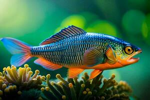ein Fisch mit hell Farben ist Schwimmen im das Wasser. KI-generiert foto
