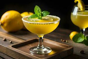 ein Zitrone Cocktail mit Minze Blätter auf ein hölzern Tablett. KI-generiert foto