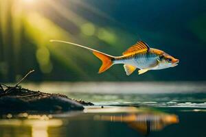 ein Fisch ist fliegend Über das Wasser im das Sonnenlicht. KI-generiert foto