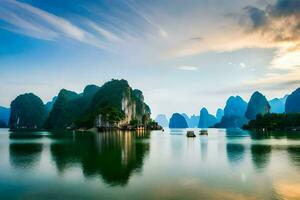 das Sonne setzt Über das Berge im Halong Bucht, Vietnam. KI-generiert foto