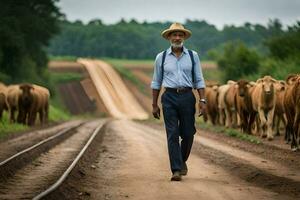 ein Mann im ein Hut und Blau Hemd Gehen entlang ein Schmutz Straße mit Vieh. KI-generiert foto