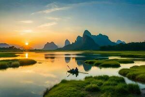 das li Fluss, China, Sonnenaufgang, Berge, Sonnenuntergang, Landschaft, Natur, Landschaft Fotografie. KI-generiert foto