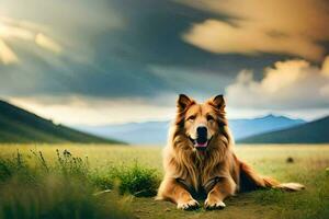 ein Hund Sitzung im das Gras mit Berge im das Hintergrund. KI-generiert foto