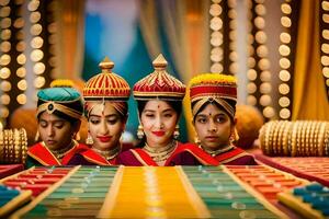 drei Frauen im traditionell indisch Kleidung Sitzung auf ein Tisch. KI-generiert foto