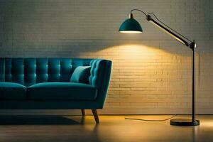 ein Blau Couch und ein Lampe im ein Zimmer. KI-generiert foto