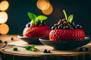 zwei rot Erdbeeren mit Blaubeeren auf oben von ein hölzern Tisch. KI-generiert foto