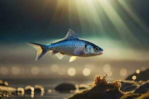 ein Fisch ist fliegend Über das Wasser mit Sonnenlicht leuchtenden. KI-generiert foto