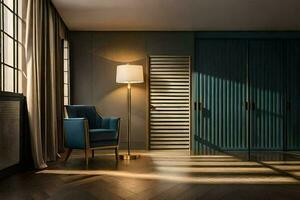 ein Zimmer mit ein Blau Stuhl und ein Lampe. KI-generiert foto