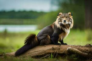 ein braun und schwarz Fuchs Sitzung auf ein Protokoll. KI-generiert foto