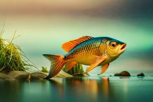 ein Fisch ist Stehen auf das Wasser mit Gras und Felsen. KI-generiert foto