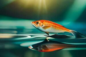 ein Fisch ist schwebend auf das Wasser mit ein hell Licht hinter Es. KI-generiert foto