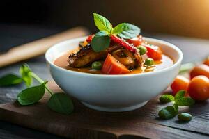 ein Schüssel von Suppe mit Gemüse und Tomaten. KI-generiert foto