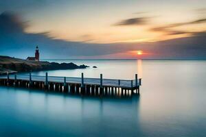 ein lange Exposition fotografieren von ein Seebrücke beim Sonnenuntergang. KI-generiert foto