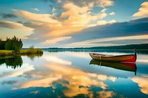 ein Boot auf ein See mit ein Himmel und Wolken reflektiert im das Wasser. KI-generiert foto