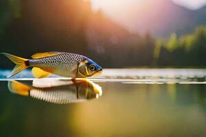 ein Fisch ist Stehen auf das Wasser mit ein Berg im das Hintergrund. KI-generiert foto