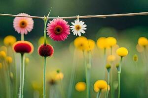 Blumen hängend auf ein Wäscheleine im ein Feld. KI-generiert foto