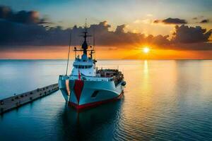 ein Boot angedockt beim Sonnenuntergang im das Ozean. KI-generiert foto