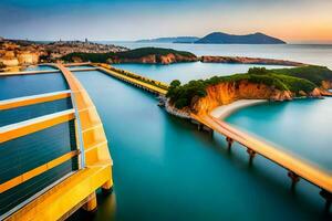 das Brücke Über das Wasser beim Sonnenuntergang. KI-generiert foto