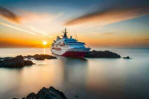 ein Kreuzfahrt Schiff im das Ozean beim Sonnenuntergang. KI-generiert foto