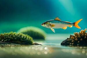 ein Fisch ist fliegend Über das Wasser mit etwas Pflanzen. KI-generiert foto