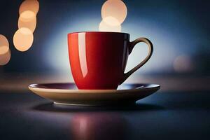 rot Kaffee Tasse auf Untertasse mit Bokeh Beleuchtung. KI-generiert foto
