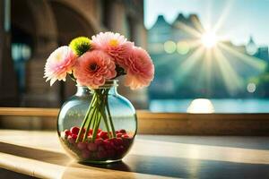 ein Vase mit Rosa Blumen Sitzung auf ein Fenster Schwelle. KI-generiert foto