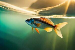 ein Fisch Schwimmen im das Wasser mit das Sonne leuchtenden. KI-generiert foto