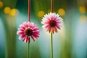 zwei Rosa Blumen sind hängend von ein Schnur. KI-generiert foto