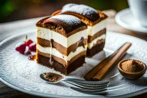 ein Scheibe von Schokolade Kuchen auf ein Platte. KI-generiert foto