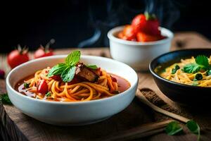 Spaghetti mit Fleisch und Gemüse im ein Schüssel. KI-generiert foto