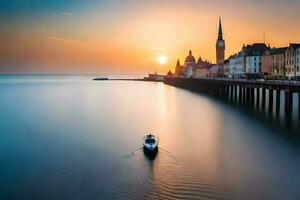 ein Boot ist schwebend im das Wasser beim Sonnenuntergang. KI-generiert foto