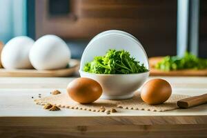 Eier und Grüns im ein Schüssel auf ein Tisch. KI-generiert foto