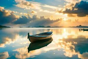 ein Boot ist schwebend im das Wasser beim Sonnenuntergang. KI-generiert foto