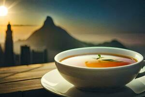 ein Tasse von Tee auf ein hölzern Tabelle mit ein Aussicht von das Stadt. KI-generiert foto