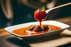 ein Schüssel von Suppe mit ein Erdbeere auf oben. KI-generiert foto