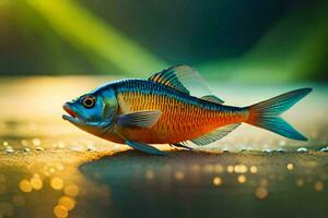 ein Fisch ist Stehen auf das Strand mit Sonnenlicht. KI-generiert foto