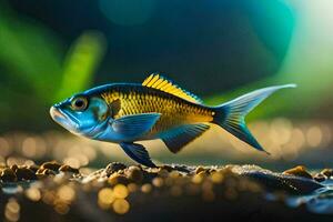 ein Fisch mit Blau und Gelb Streifen auf das Oberfläche. KI-generiert foto