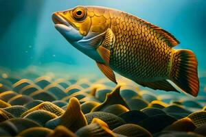 ein Fisch Schwimmen im das Wasser umgeben durch Felsen. KI-generiert foto