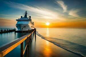 ein Kreuzfahrt Schiff angedockt beim das Ende von ein Seebrücke beim Sonnenuntergang. KI-generiert foto