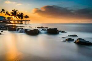 ein schön Sonnenuntergang Über das Ozean mit Felsen und Palme Bäume. KI-generiert foto
