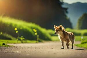 ein Hund Gehen auf ein Straße im das Mitte von ein Feld. KI-generiert foto