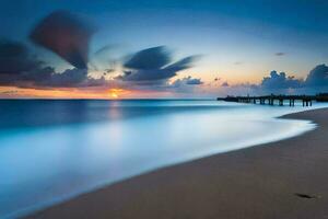 ein lange Exposition fotografieren von ein Strand beim Sonnenuntergang. KI-generiert foto