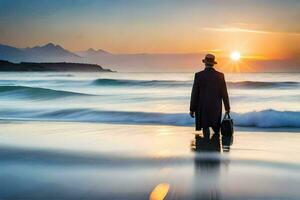 ein Mann im ein passen und Hut steht auf das Strand beim Sonnenuntergang. KI-generiert foto